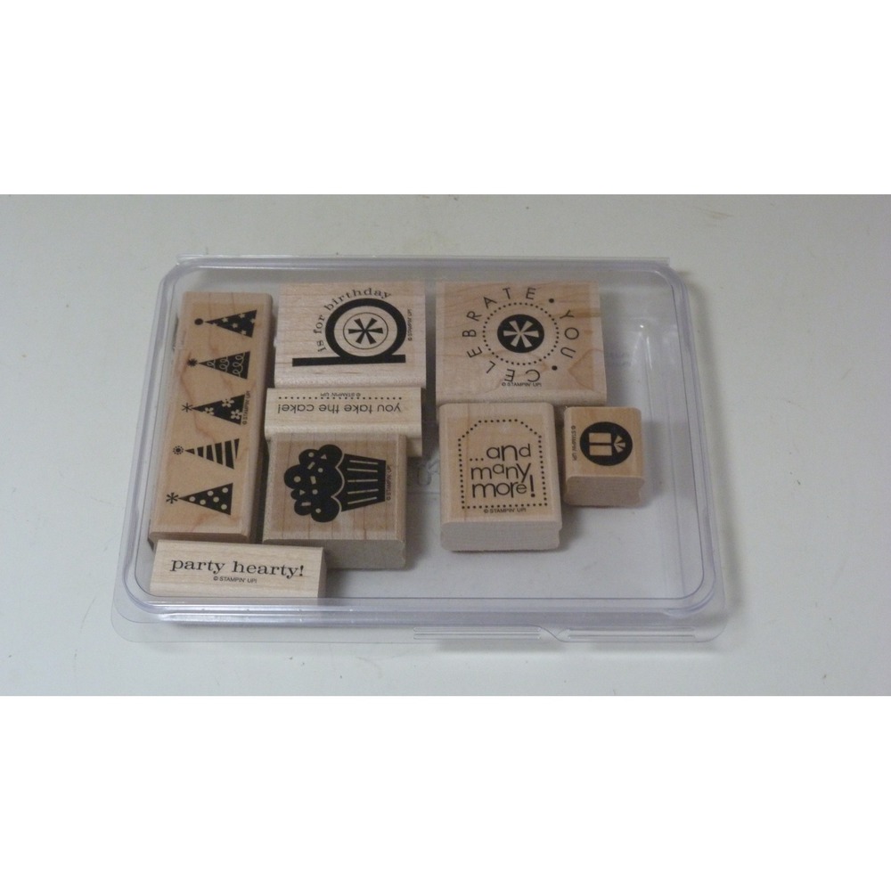 Stampin Up Party Hearty Wood Mount Rubber Stamp Set Birthday Celebration 8pc